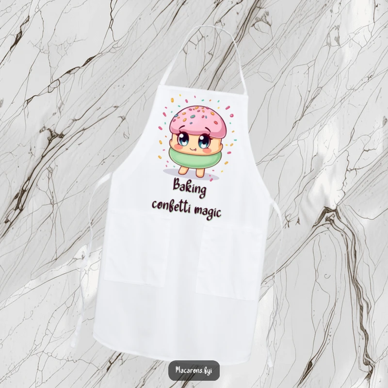Funny macaron character with wide eyes, joyfully showered in colorful confetti, perfect for a fun and festive apron.