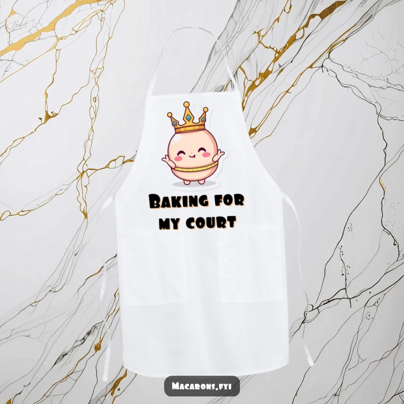 Funny macaron character wearing a tiny crown, striking a silly royal pose on a practical cooking apron for kitchen dominion.