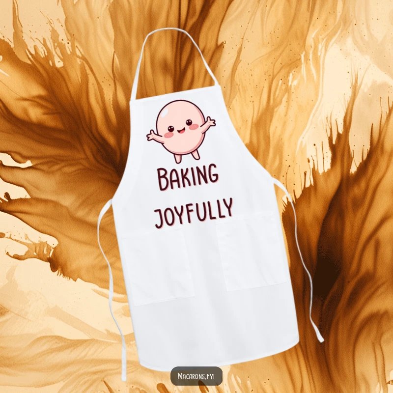 Funny macaron apron with a happy, blushing macaron character spinning joyfully with arms wide, perfect for baking.