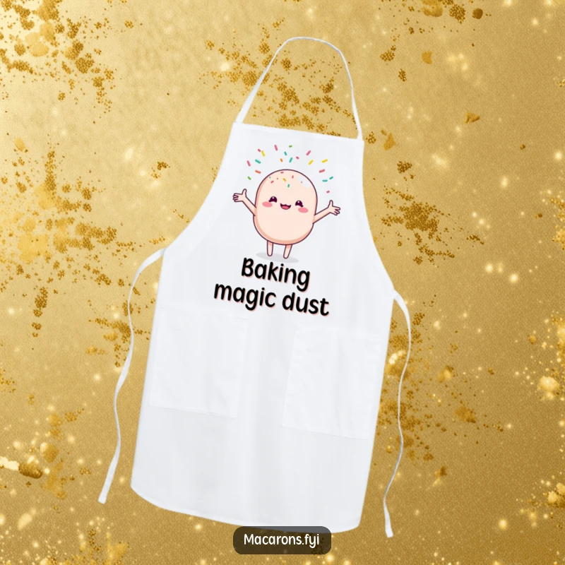 Funny macaron character joyfully receiving a generous shower of colorful sprinkles, printed on a practical and humorous apron.