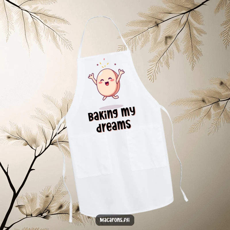 Funny Apron: A playful macaron character leaps energetically, arms outstretched to catch a falling sprinkle while cooking or baking.