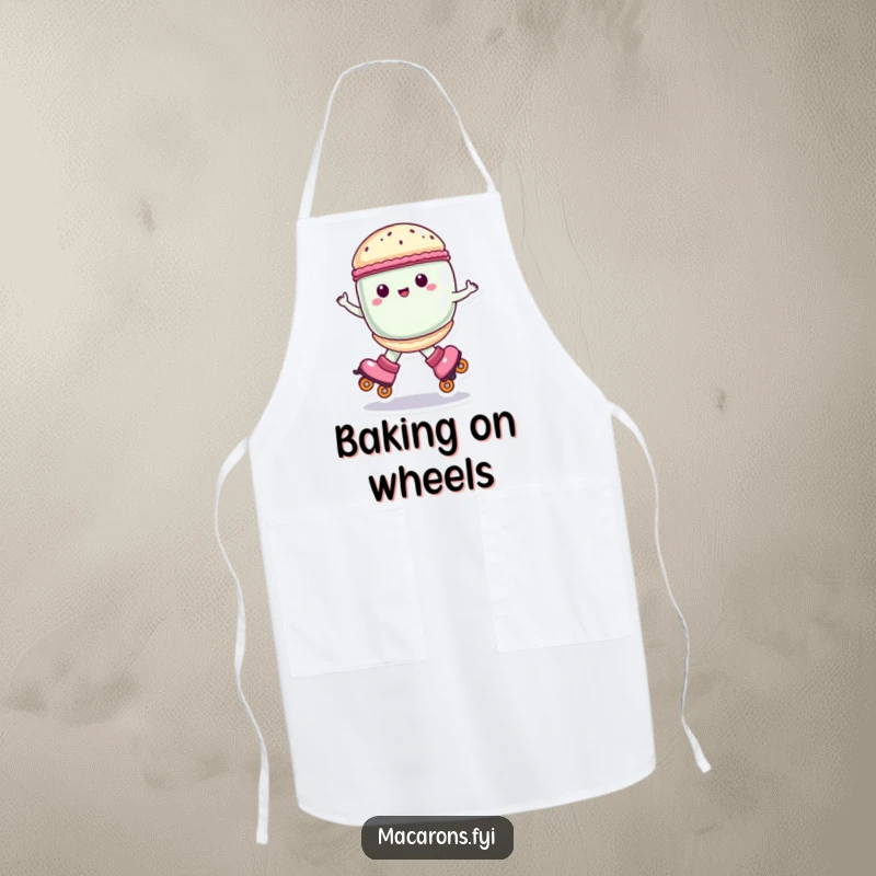 Funny macaron character wearing roller skates, spinning joyfully, kitchen apron, perfect funny gift.