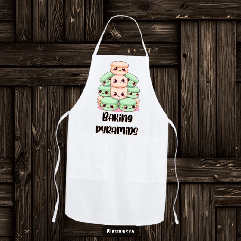 Funny macadamia nut apron showing a pyramid of happy macarons, one precariously balanced, perfect for a fun baker.