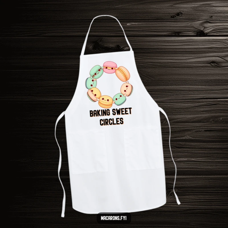 Funny Macaron Circle Apron, kitchen wear with cute macarons spinning happily, perfect for baking and cooking fun.