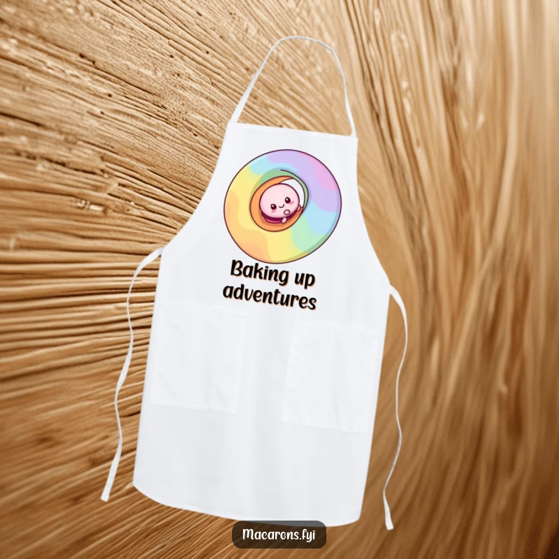 Funny macaron character sliding down a rainbow swirl on a practical apron, adding a playful spirit to cooking.