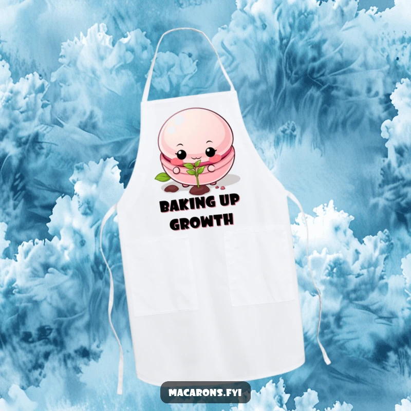 Funny macaron apron worn by a mischievous macaron character planting a tiny seed, perfect for kitchen fun.