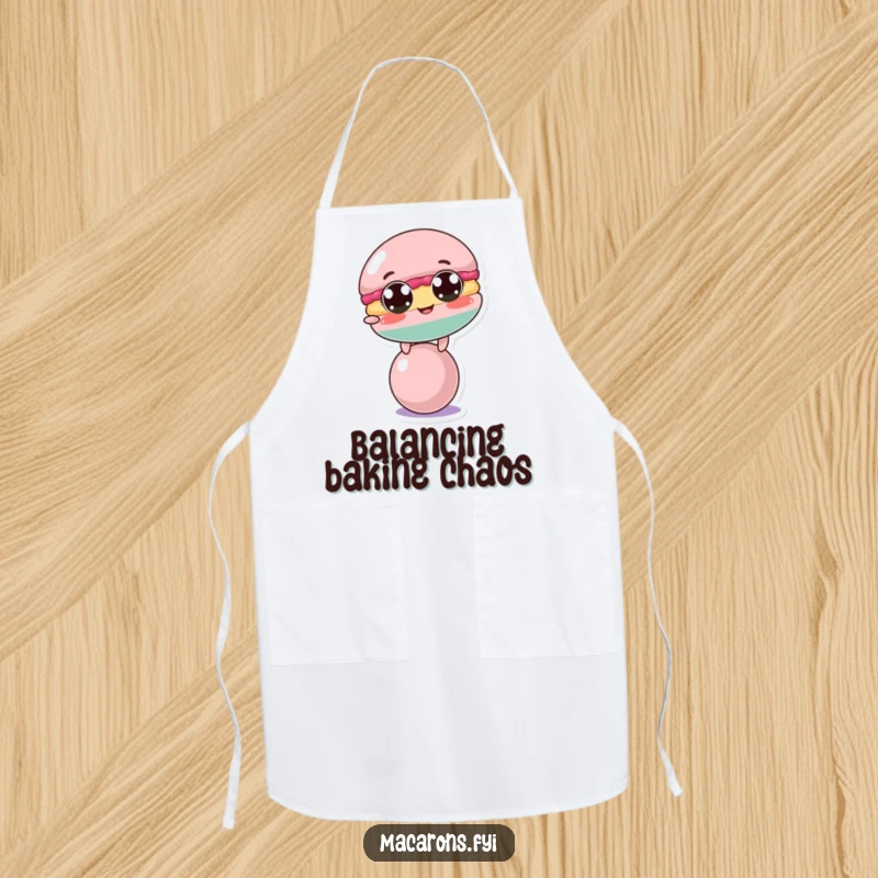 Funny macaron character in a funny balancing act on a ball, printed on a functional and humorous kitchen apron.