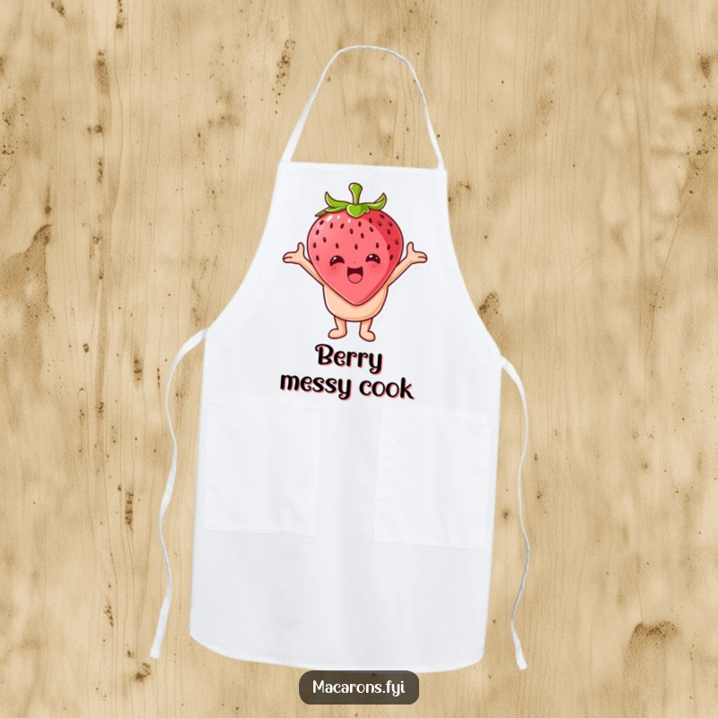 Funny macaron character hugging a giant strawberry while wearing an apron, for humorous and affectionate kitchen tasks.