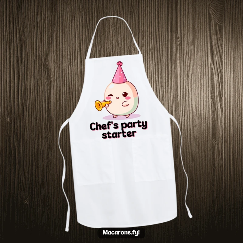 Funny Macaron Apron: Festive Kawaii macaron character in a party hat blowing a tiny trumpet, adding fun to cooking.