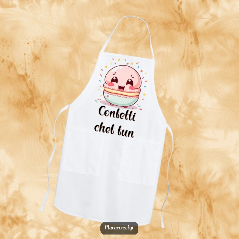 Funny macaron character laughing amidst colorful confetti, featured on a functional and festive kitchen apron.