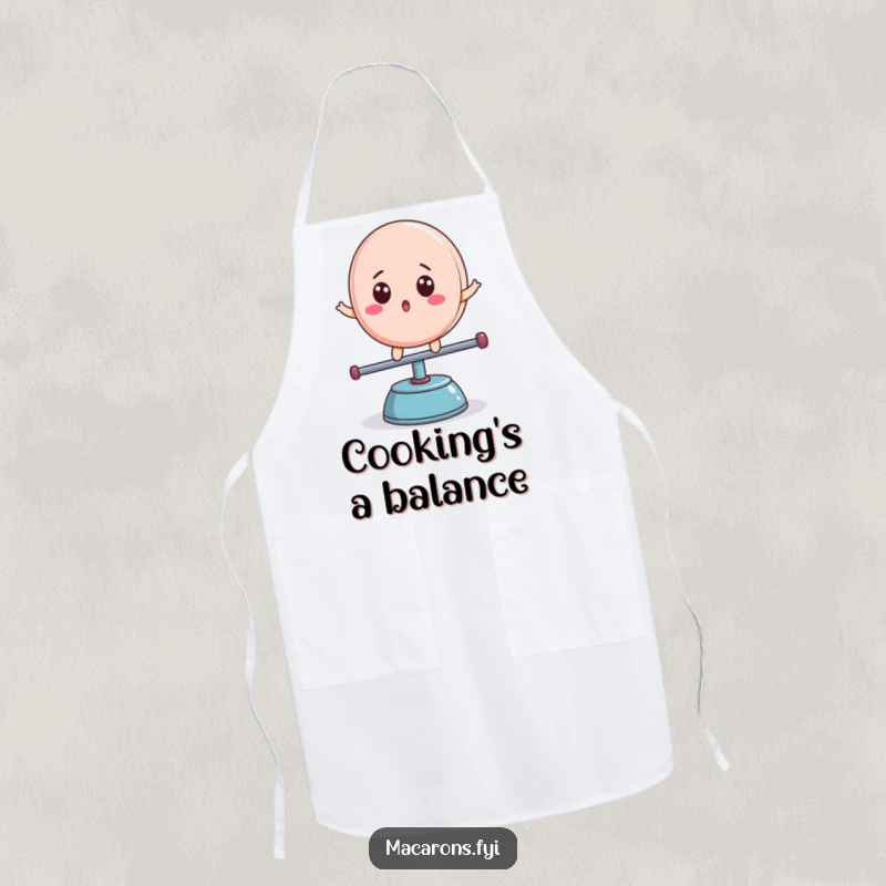Funny macaron character with surprised expression, balancing on a teeter-totter, kitchen apron, perfect funny gift.