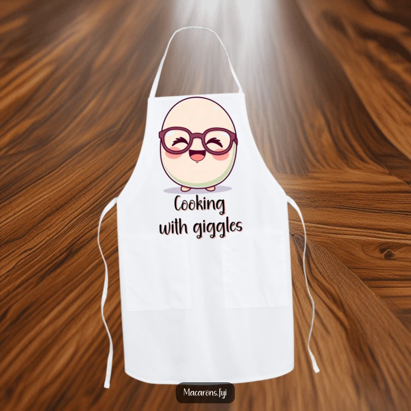 Funny macaron character giggling heartily behind oversized, funny glasses on a practical cooking apron, bringing laughter to the kitchen.