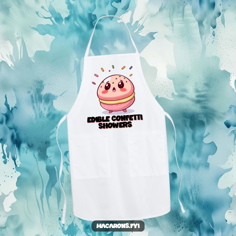 Funny macaron apron with a surprised macaron reacting to falling sprinkles, a humorous and practical kitchen accessory.