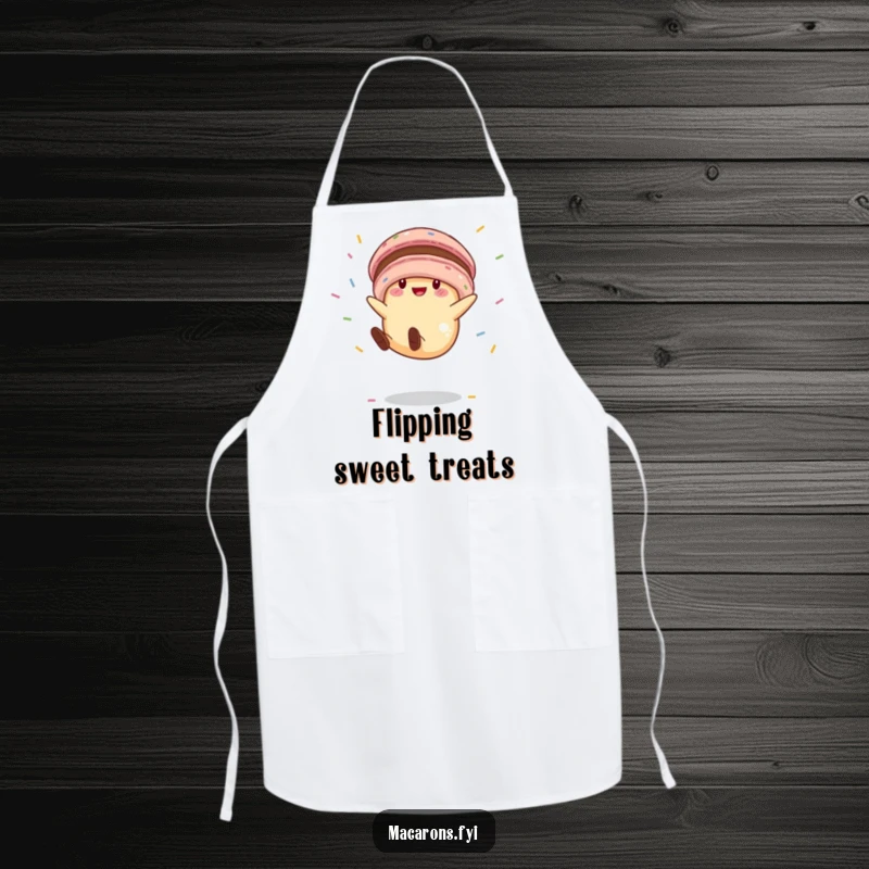 Funny macaron character in a cartwheel pose, ready for kitchen adventures, printed on a functional and funny apron.