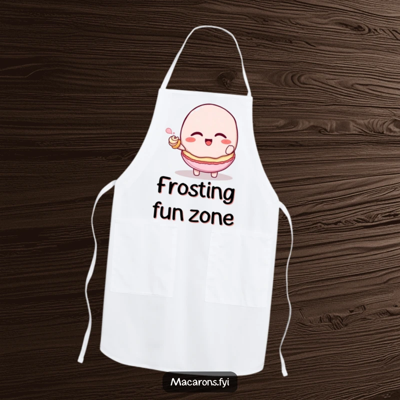 Funny macaron character giggling while being tickled by a frosting swirl, kitchen apron, perfect funny gift.
