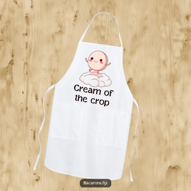 Funny macaron character happily bouncing on a cream cloud while wearing an apron, for humorous kitchen tasks.