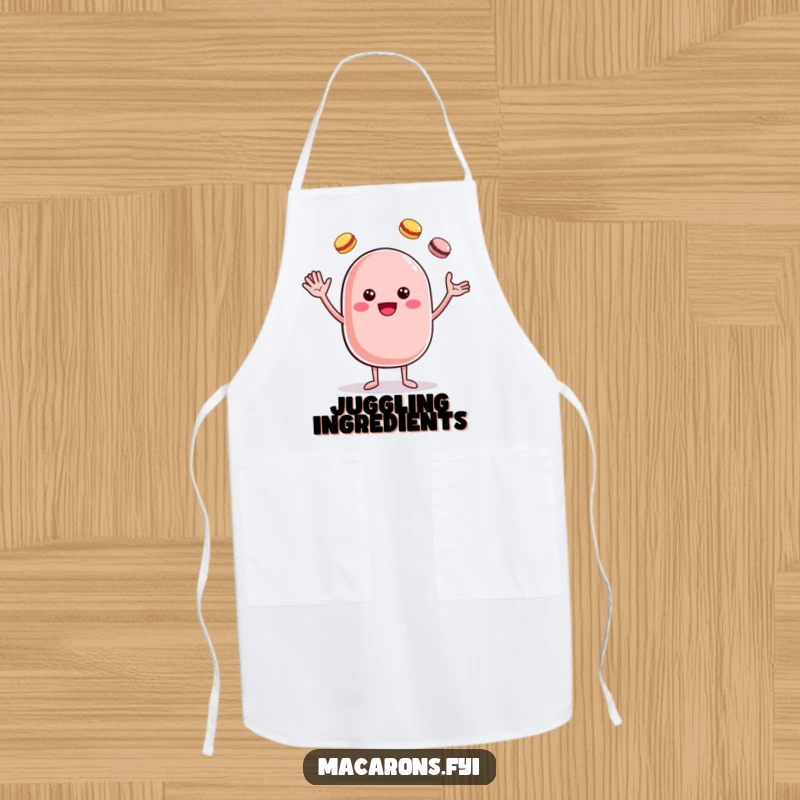 Funny cheerful macaron character juggling macarons, printed on a functional and humorous baking apron.