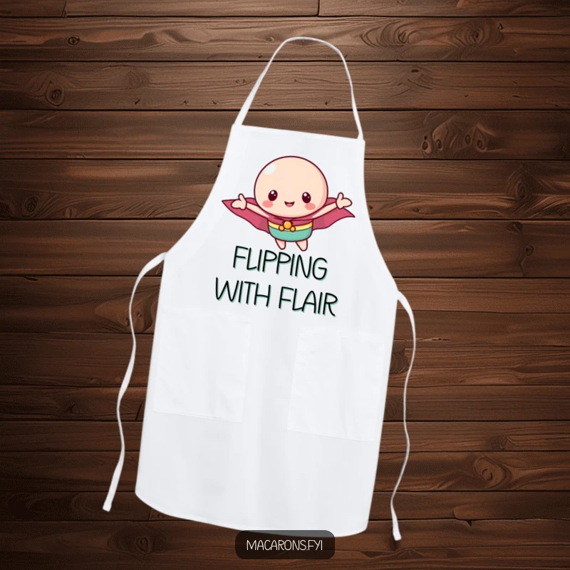 Funny macaron hero apron showing a brave macaron with a tiny cape flying, ready to conquer the kitchen with sweet determination.