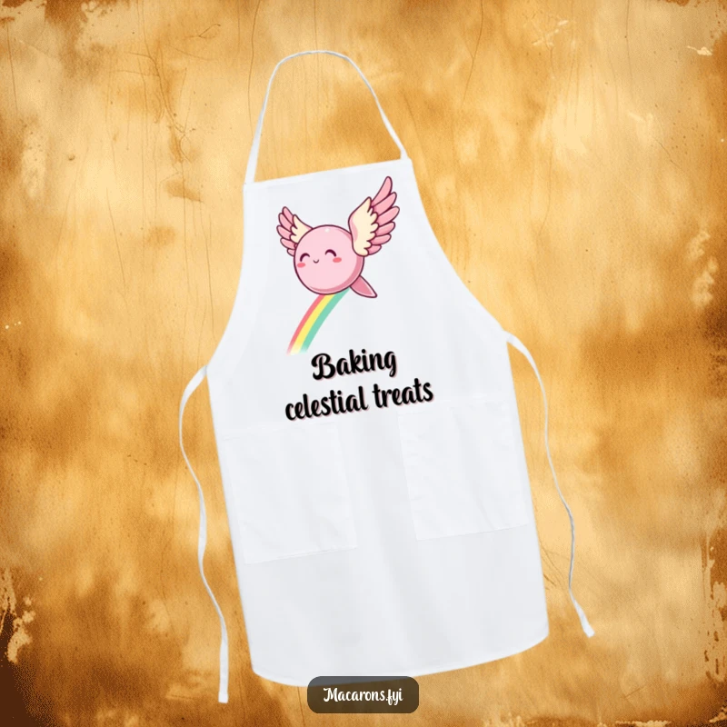 Funny Apron: A macaron with wings flies enthusiastically, leaving a bright rainbow trail, perfect for baking and cooking.