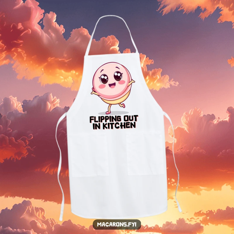 Funny Macaron Apron: Cheerful Kawaii macaron character with big eyes performing a cartwheel, a fun and protective kitchen accessory.