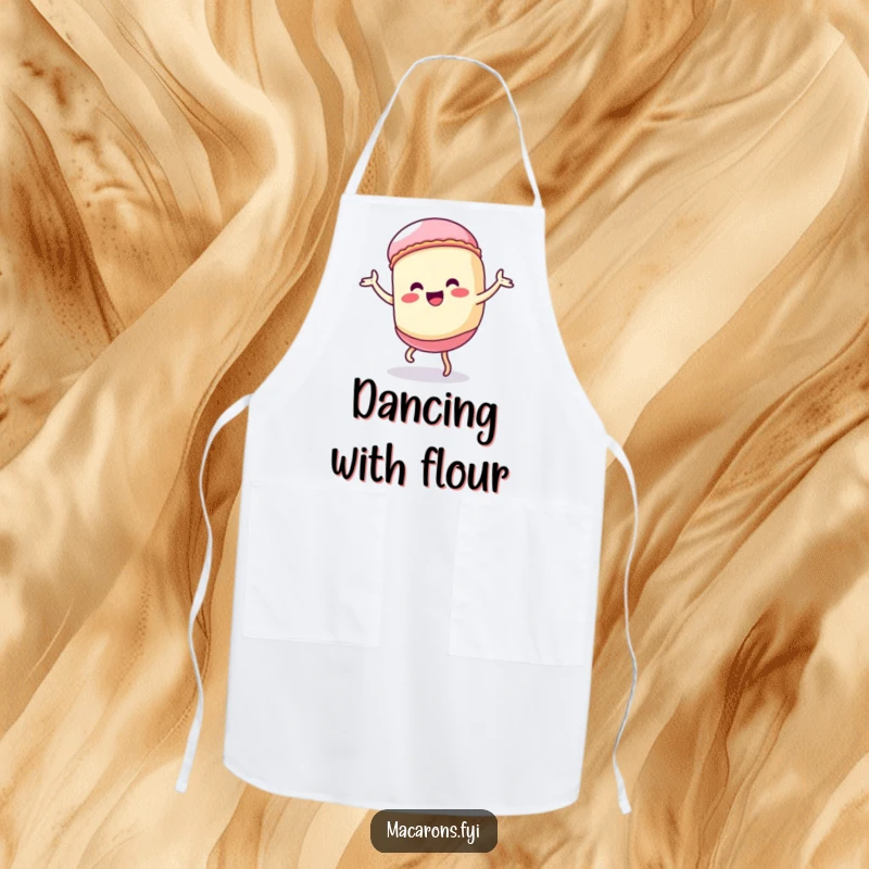Funny Kawaii macaron character doing a silly dance, adding humor to a practical kitchen apron.