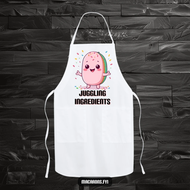 Funny Macaron Apron: Cheerful Kawaii macaron character with a wide grin juggling a vibrant mix of colorful sprinkles, perfect for cooking.