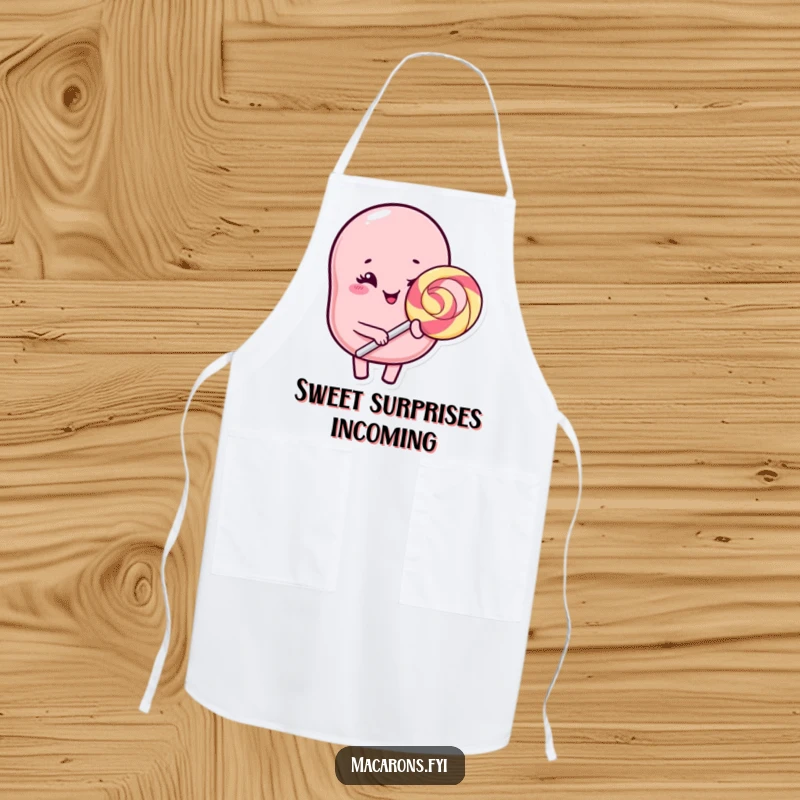 Funny Kawaii macaron character winking with a giant lollipop, a humorous and practical apron for the kitchen.