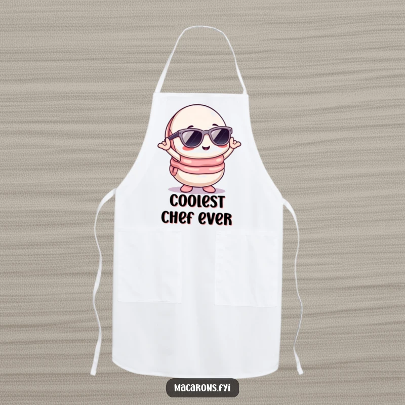 Funny Kawaii macaron character in cool sunglasses, posing stylishly on a humorous kitchen apron.