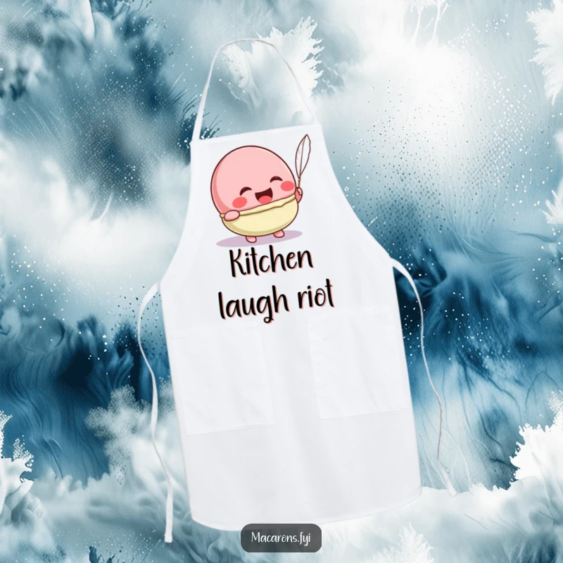 Funny Kawaii macaron character laughing heartily from a feather tickle, a humorous kitchen apron.