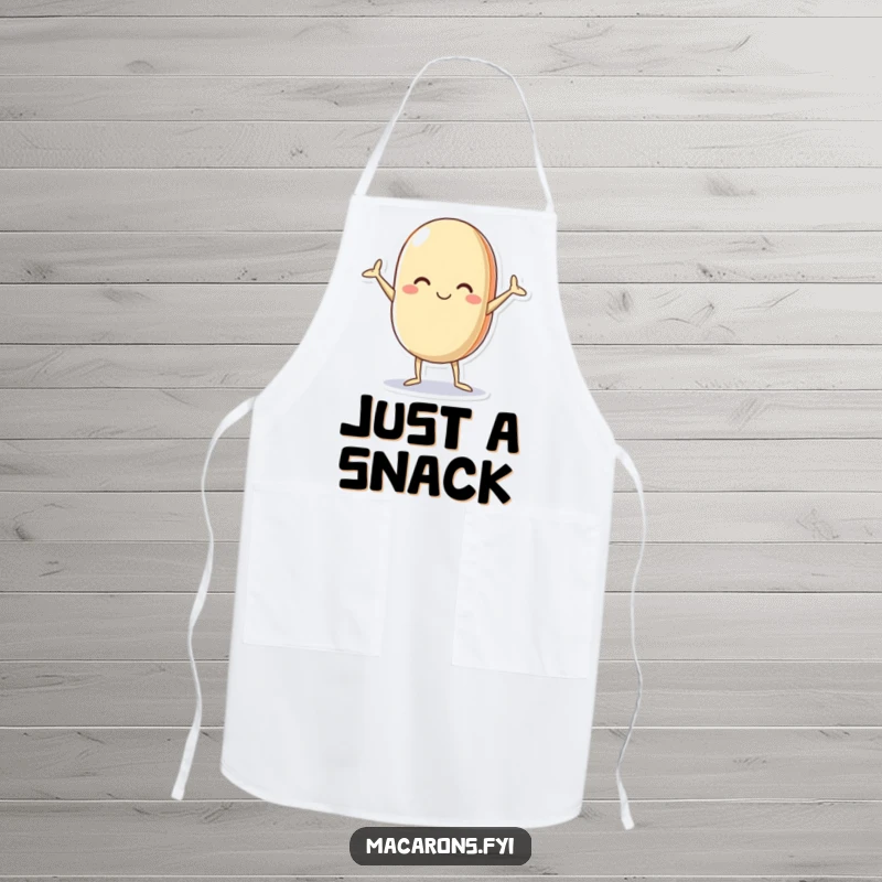 Funny macaron apron showcasing a cheerful character in a comically akimbo pose, adding fun and protection to kitchen activities.