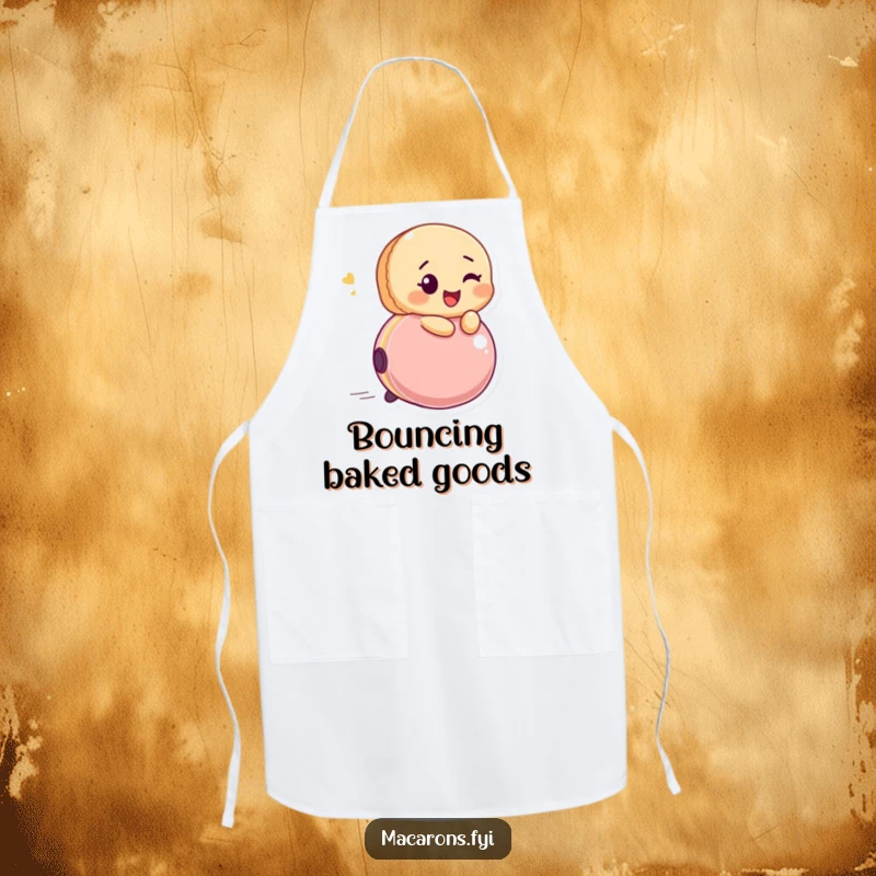 Funny macaron character winking and riding a bouncing ball with glee, perfect for a playful and funny apron.