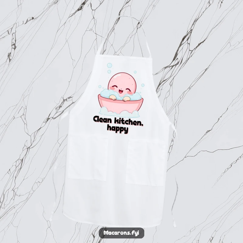 Funny macaron character enjoying a bubble bath on a cute and functional apron.