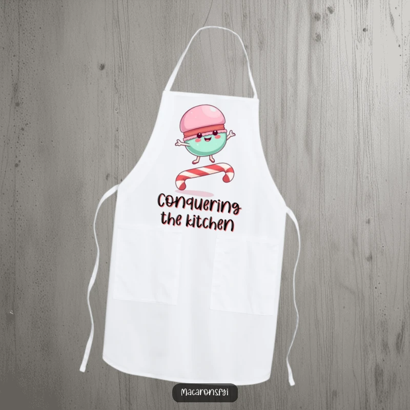 Funny Apron featuring a macaron character leaping over a candy cane, perfect for adding a playful and sweet touch to cooking.