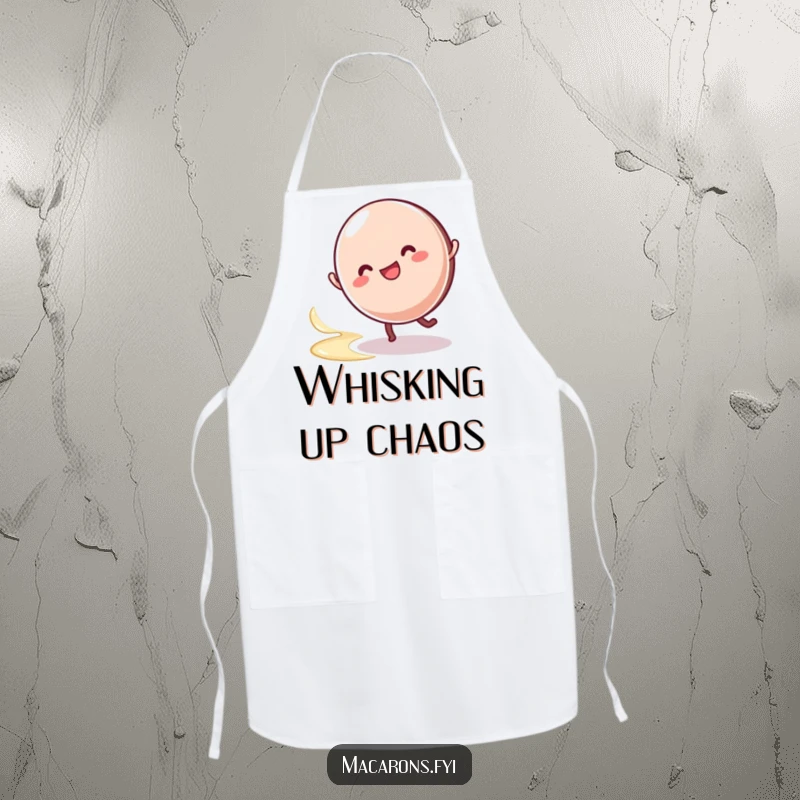 Funny macaron character doing a happy cartwheel, leaving a swirl of cream, making this apron perfect for playful cooking.