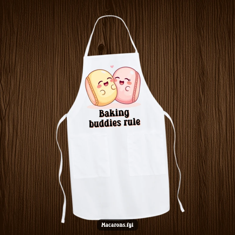 Two funny macaron characters giggling together, leaning playfully, depicted on a humorous apron for bakers.
