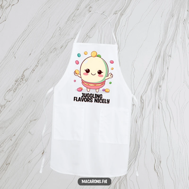 Funny macaron apron adorned with a smiling macaron character juggling colorful candies, for kitchen fun.