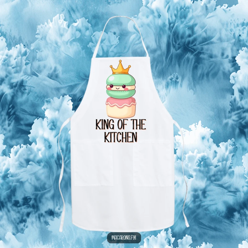 Funny macaron character wearing a small crown, looking regal atop a tiny cake, on a distinguished chef’s apron.
