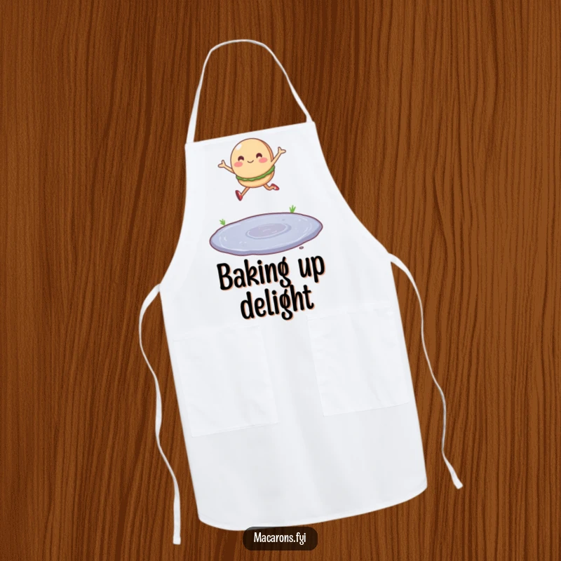 Funny apron with a single macaron character leaping joyfully over a tiny puddle, ready for kitchen adventures with a bounce.