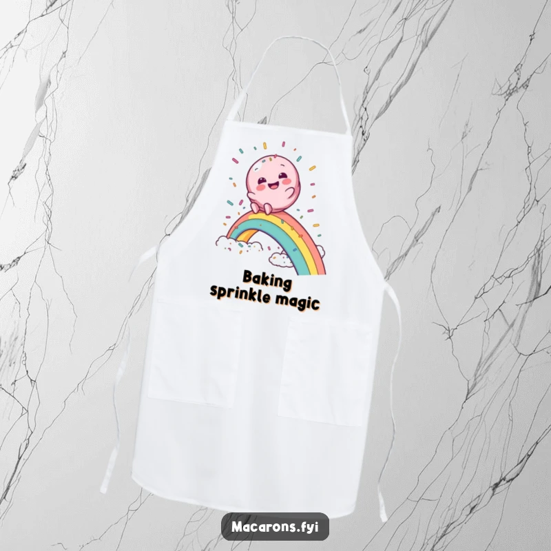 Funny macaron apron showing a macaron character gleefully sliding down a rainbow into a cloud of sprinkles, for magical cooking.