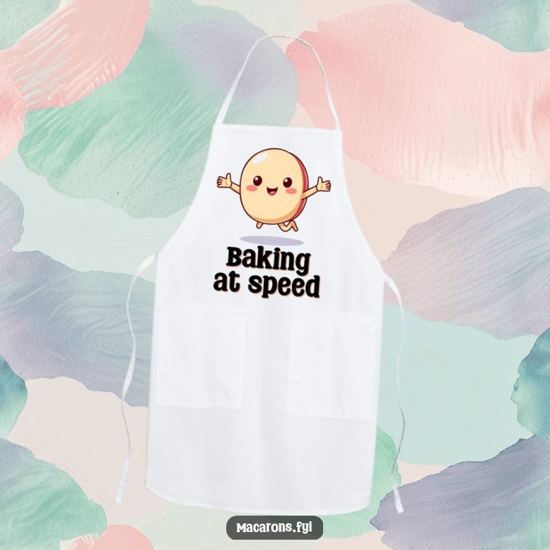 Funny macaron character running happily with arms outstretched, depicted on a humorous apron for bakers.