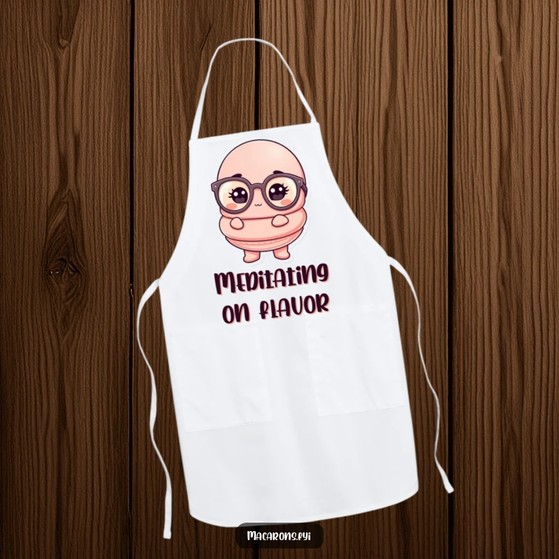 Funny macaron apron adorned with a thoughtful macaron character wearing oversized glasses, for kitchen smarts.