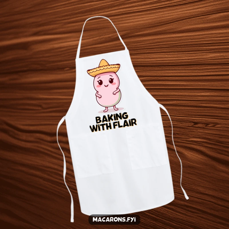 Funny Macaron Apron showing a macaron with a sombrero, posing confidently, perfect for kitchen use and adding a humorous touch to cooking.