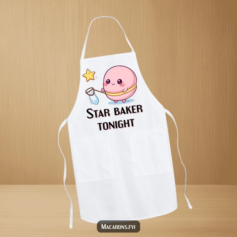 Funny macaron apron showing a macaron character with sparkling eyes catching a floating star with a small net, for wishful cooking.