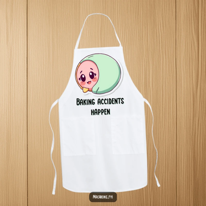 Funny macaron character tumbling with surprised delight, on a durable apron for kitchen amusement.
