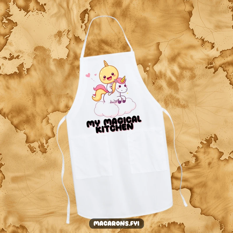 Funny Apron featuring a macaron character riding a unicorn through candy clouds, perfect for adding a playful and sweet touch to cooking.