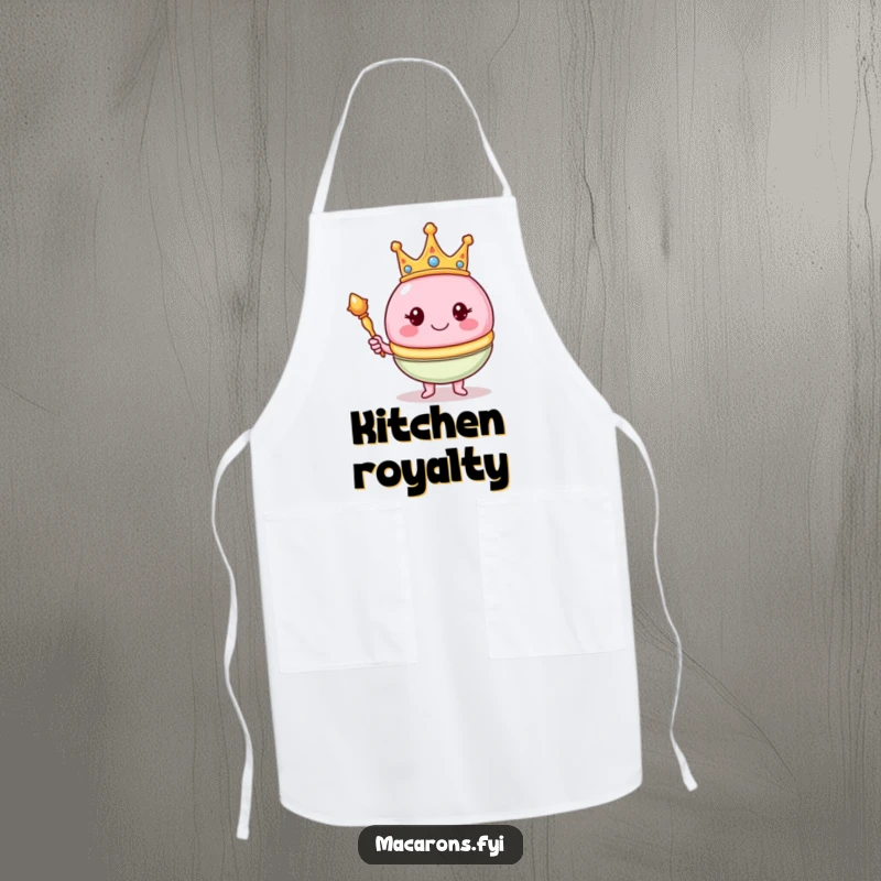 Funny macaron character wearing a crown and holding a scepter on an apron, ready for royal kitchen duties.
