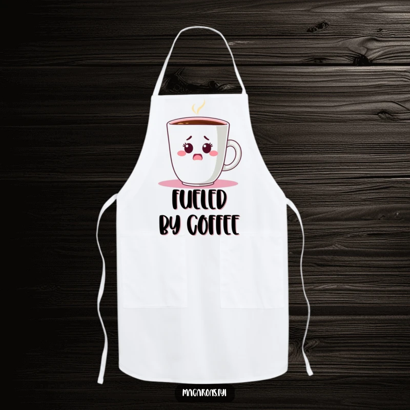 Funny Apron: A macaron character looks shocked as it peeks out from behind a large coffee cup, ready for kitchen duty.