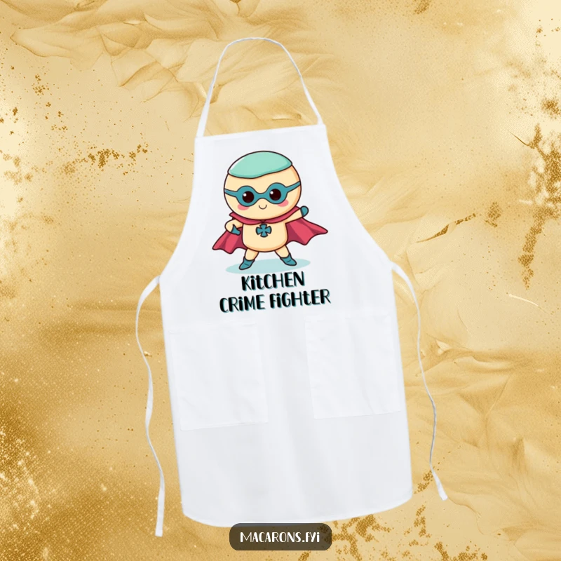 Funny superhero macaron apron with a macaron striking a pose with capes, a humorous and practical kitchen accessory.