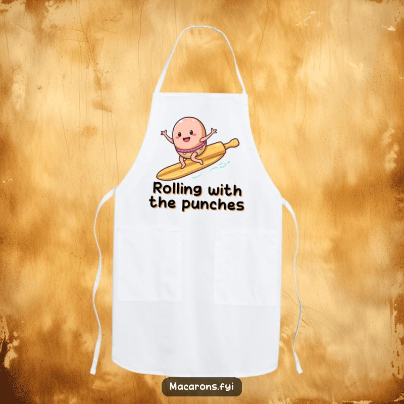 Funny Apron: An enthusiastic macaron character rides a rolling pin like a surfboard, ready for kitchen adventures.