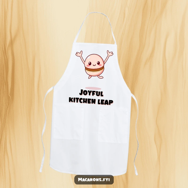 Funny Macaron Apron: Joyful Kawaii macaron character leaping happily with arms outstretched, adding fun to cooking.